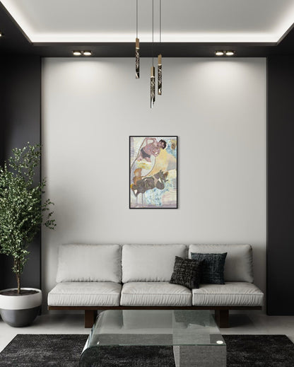 Modern living room with a gray sofa, glass coffee table, and wall art.