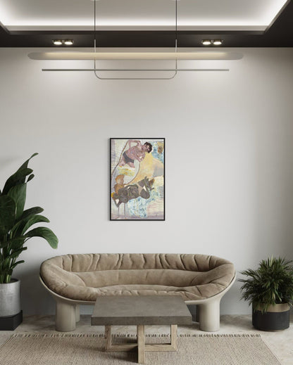 Modern living room with a beige sofa, coffee table, and wall art.