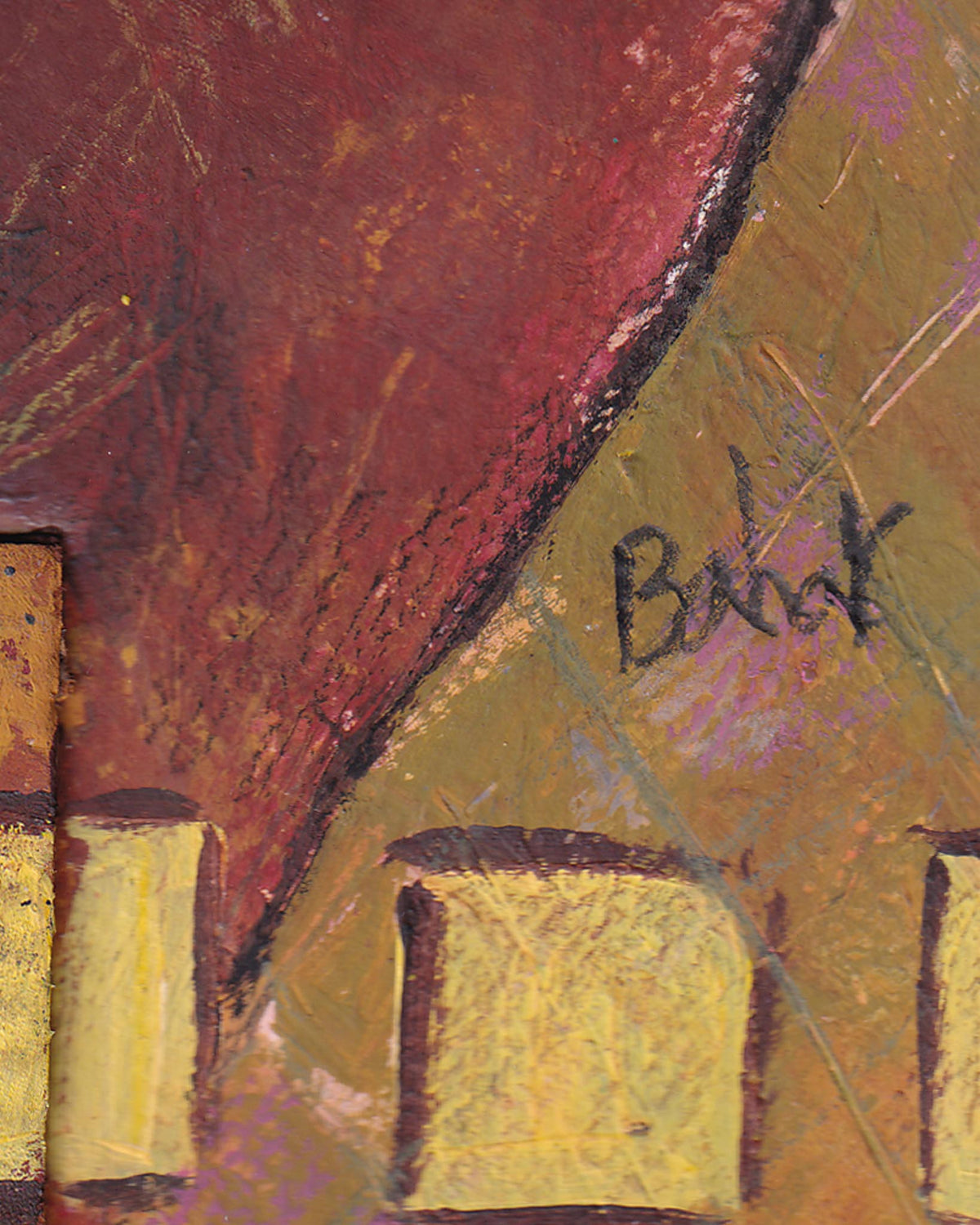 Abstract painting with text 'Banksy' on a textured surface