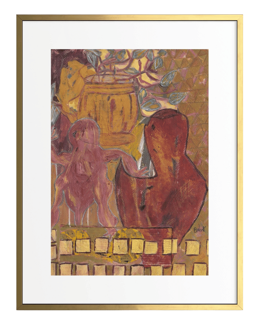 Framed artwork of two abstract figures interacting with a basket on a white background
