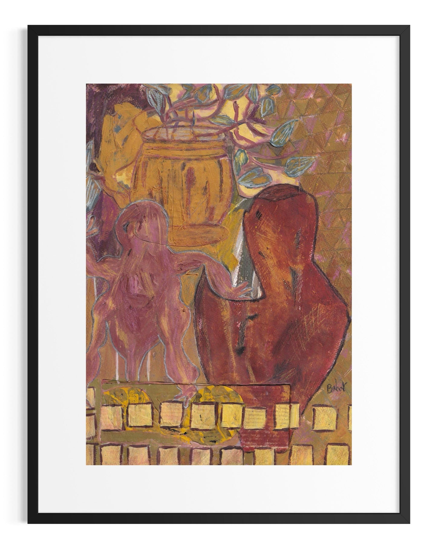 Framed artwork of two abstract figures interacting with a basket on a textured background.