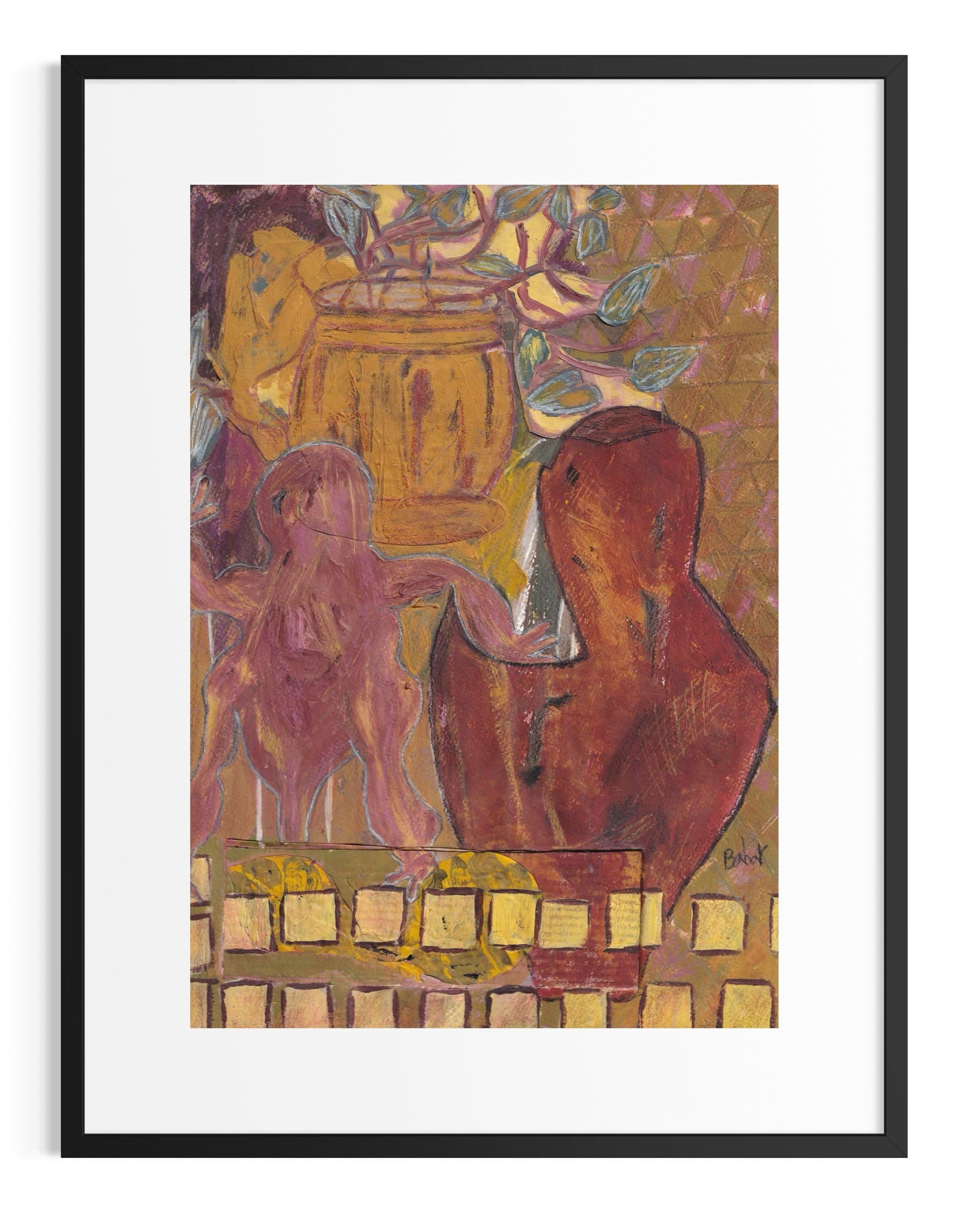 Framed artwork of two abstract figures interacting with a basket on a textured background.