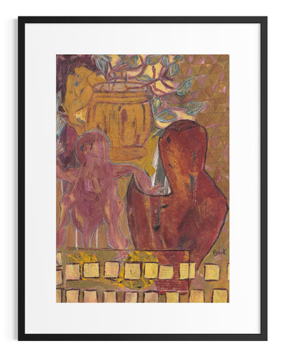 Framed artwork of two abstract figures interacting with a basket on a textured background.