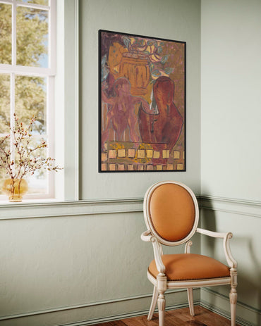 Room interior with a chair, vase of flowers, and framed artwork on a wall.