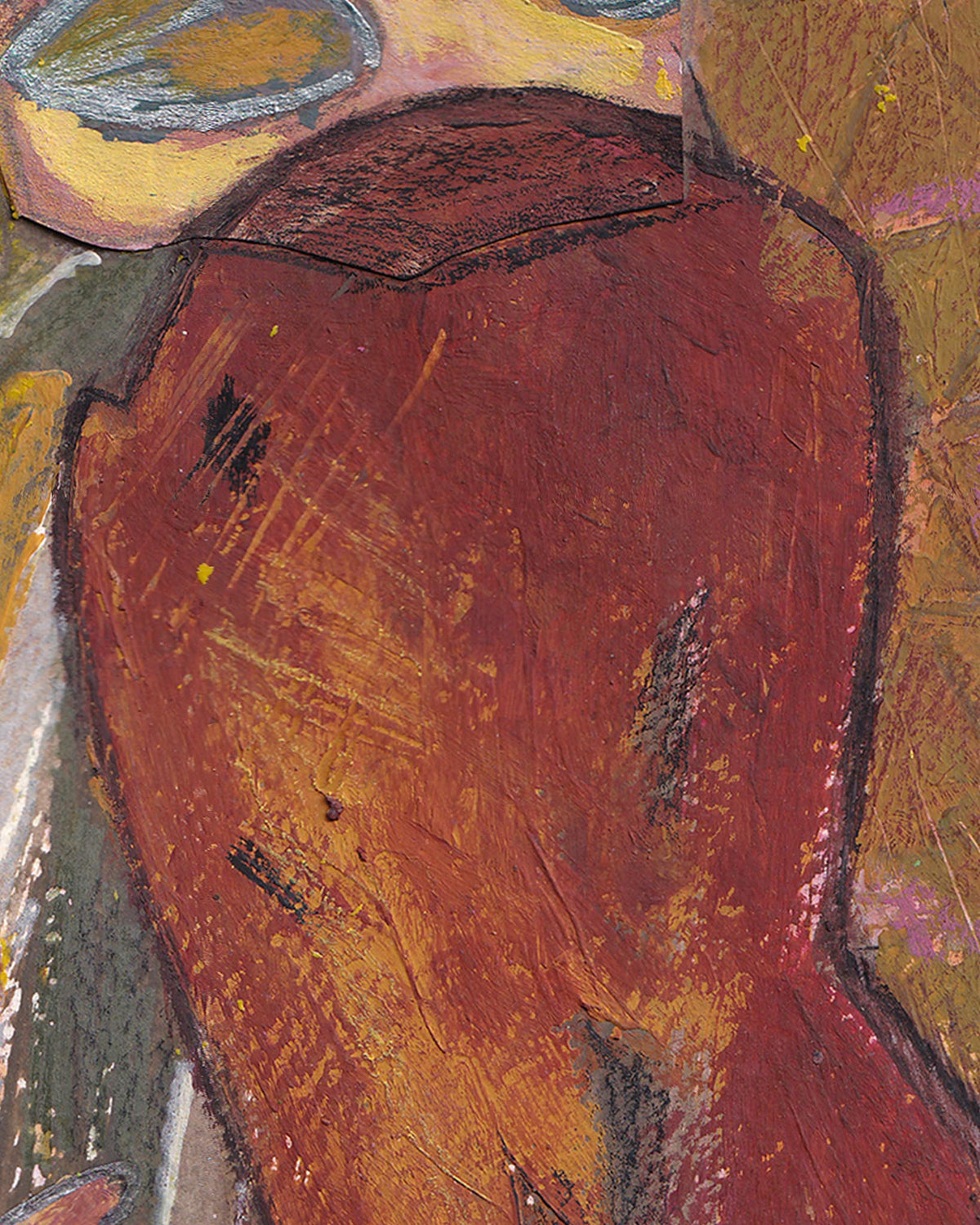 Abstract painting with a prominent red form and colorful background
