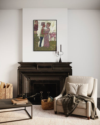 Living room with a fireplace, armchair, and artwork on the wall.