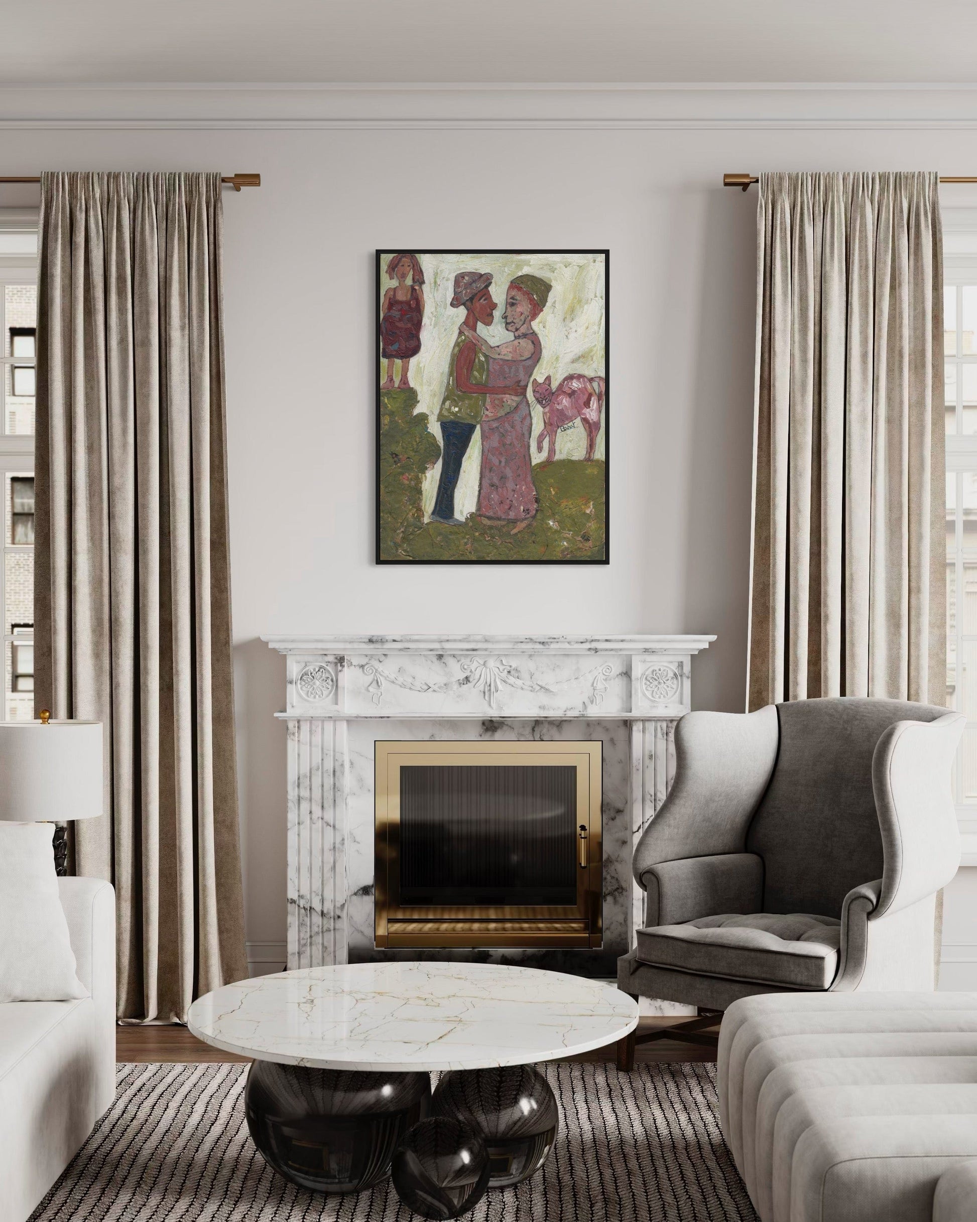 Living room with marble fireplace, gray armchair, and abstract painting on wall.