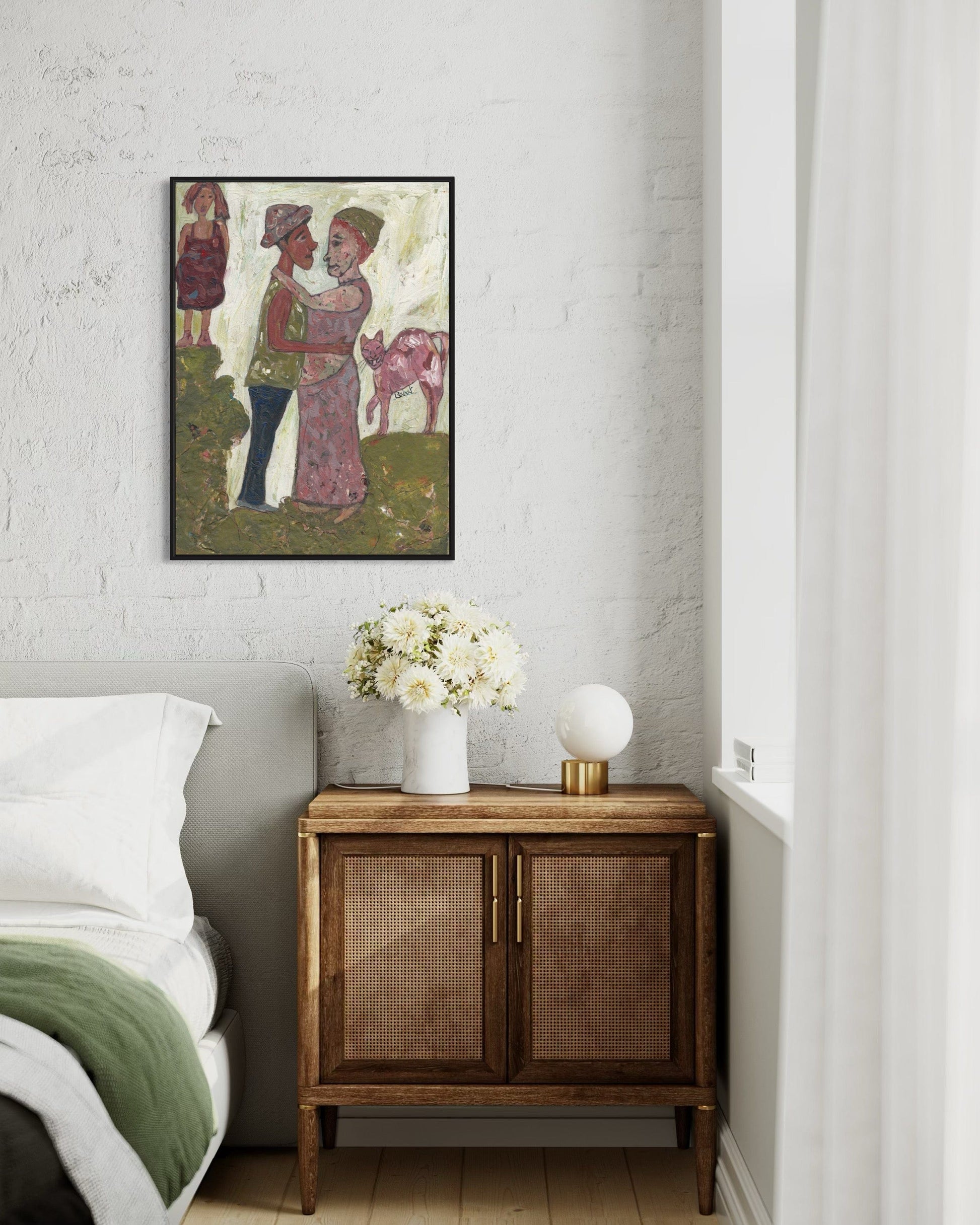 Room interior with a painting above a wooden cabinet and bed.