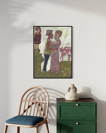 Framed artwork of two people embracing with a child and cow, placed above a green cabinet and wooden chair.