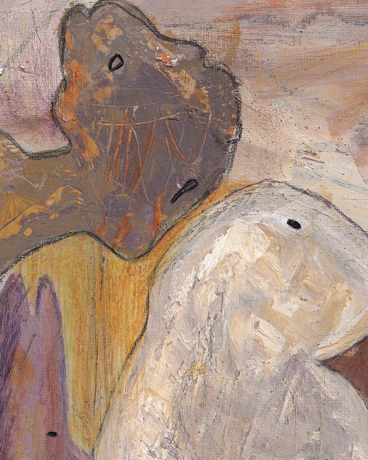 Abstract painting of a figure with a dark head and light body on a textured background