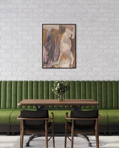 Green booth with wooden table and chairs against a white brick wall with a framed painting.