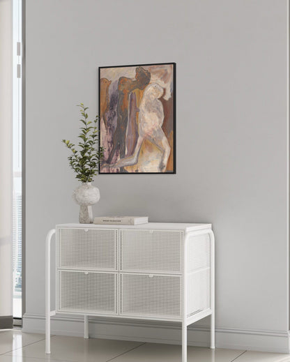 White cabinet with decorative items against a gray wall with a framed abstract painting.