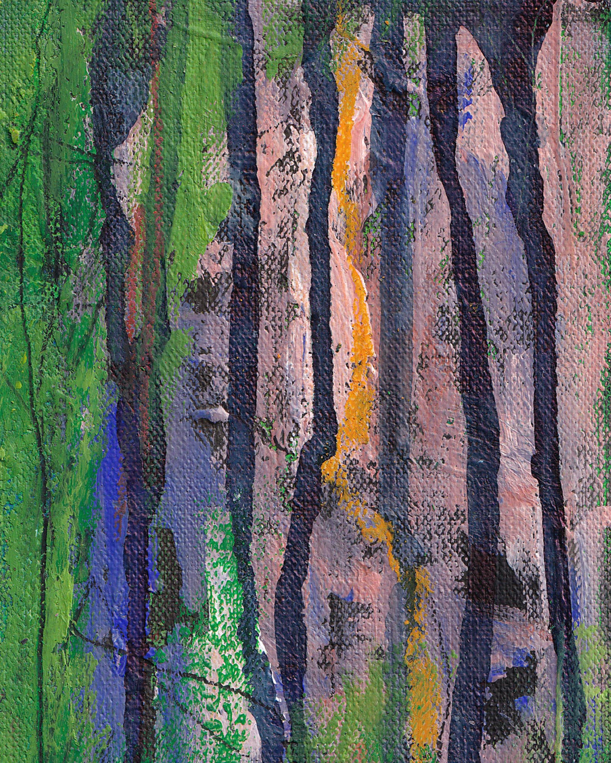 Abstract painting with vertical brush strokes in green, blue, and yellow.