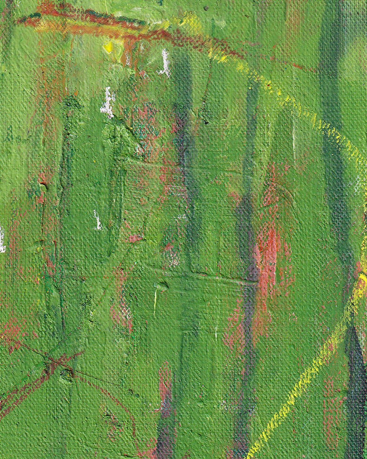 Close-up of a textured green painting with abstract patterns