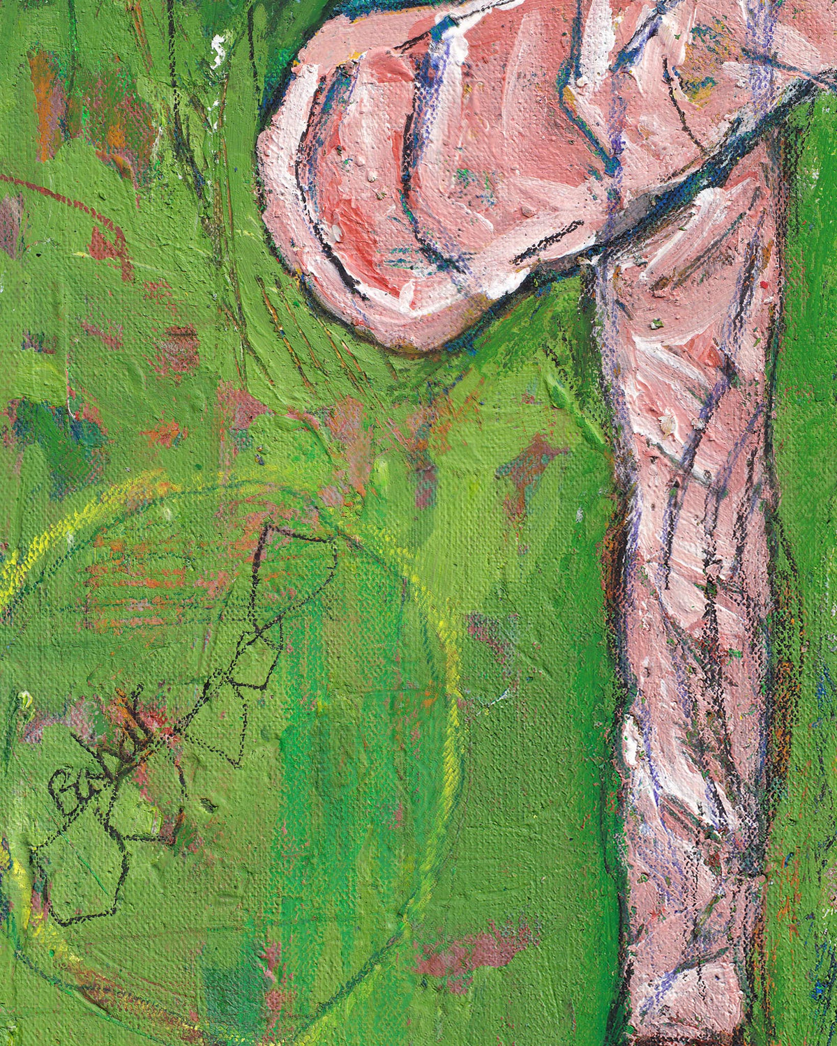 Abstract artwork with pink and green colors on a textured surface