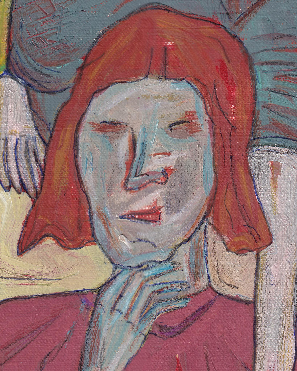 Artistic depiction of a person with red hair and a purple garment, with abstract elements in the background.
