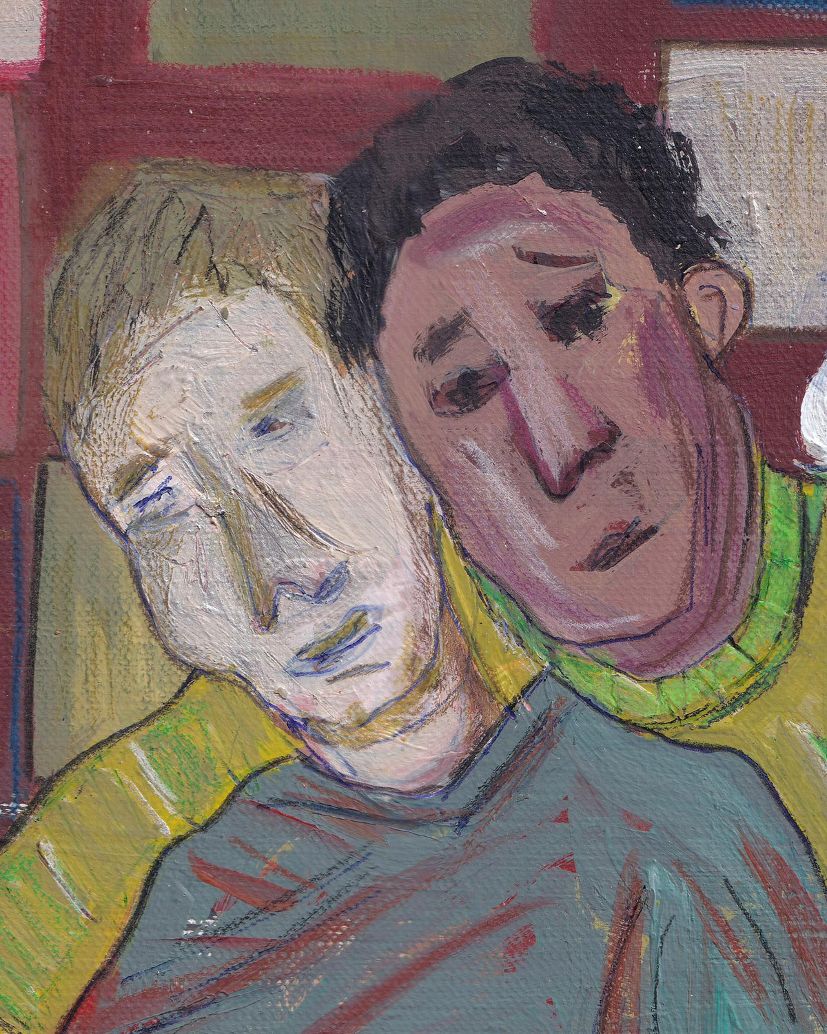 Two people sitting close together, painted in a stylized manner with visible brush strokes.