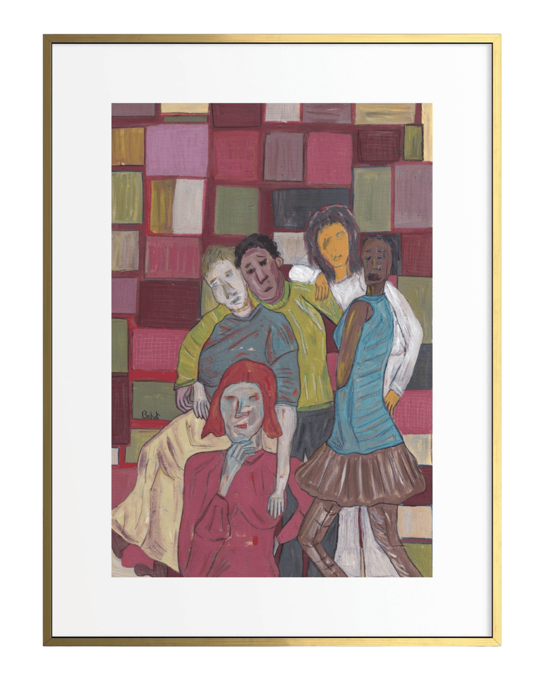 Framed artwork of four people in a colorful room setting