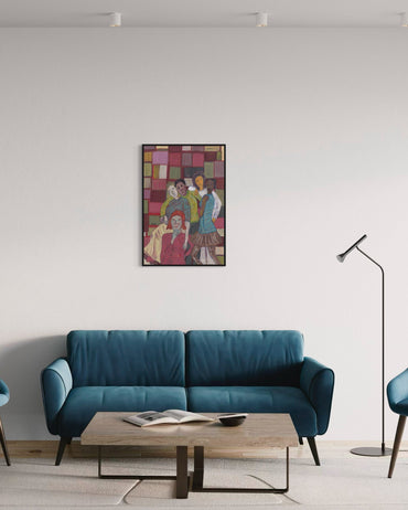 Modern living room with a blue sofa, wooden coffee table, and colorful abstract painting on the wall.