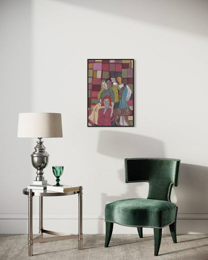 Green velvet chair in a room with a side table and lamp, and a colorful abstract painting on the wall.