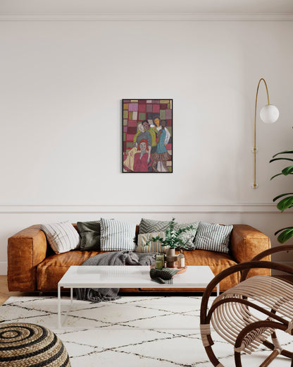 Living room with brown sofa, coffee table, and decorative wall art.
