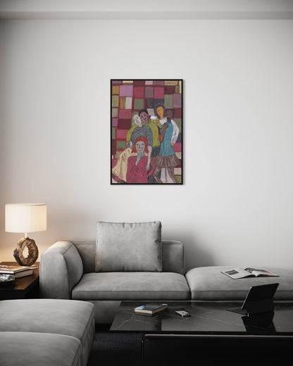 Colorful abstract art piece on a wall above a gray sofa in a living room.