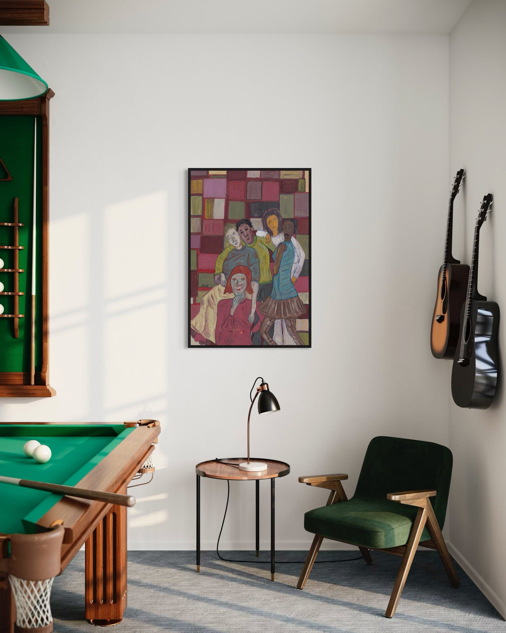 Room with pool table, green chair, and wall art in a modern interior setting.