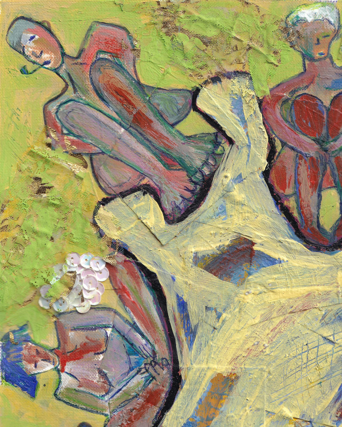 Abstract painting of three figures with a green background