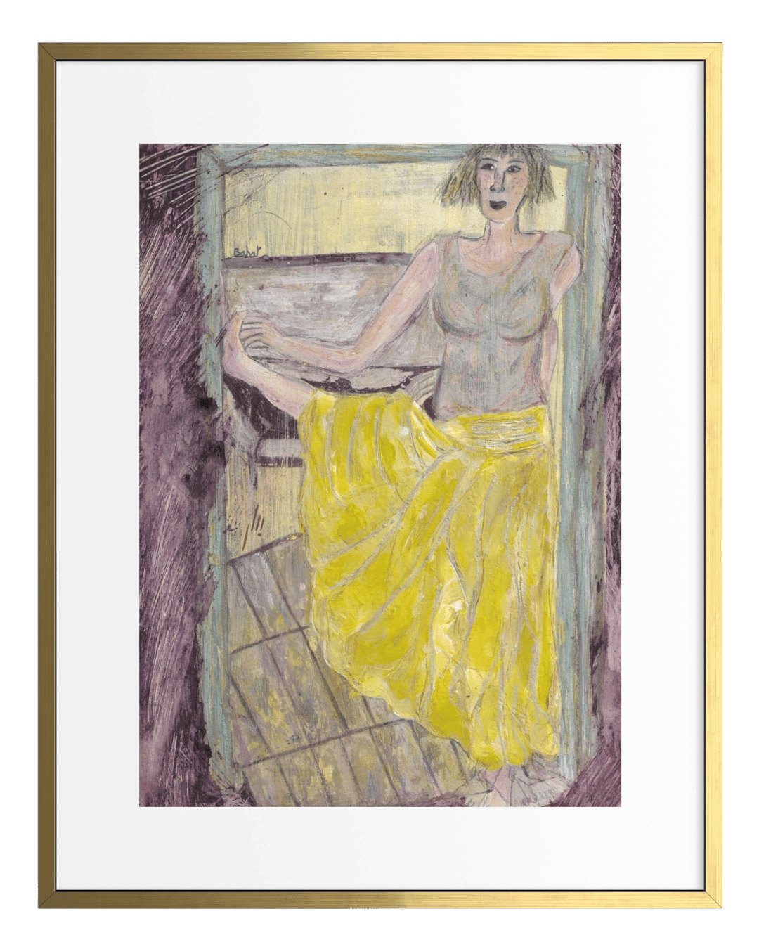 Artistic depiction of a woman in a yellow dress standing in a doorway.