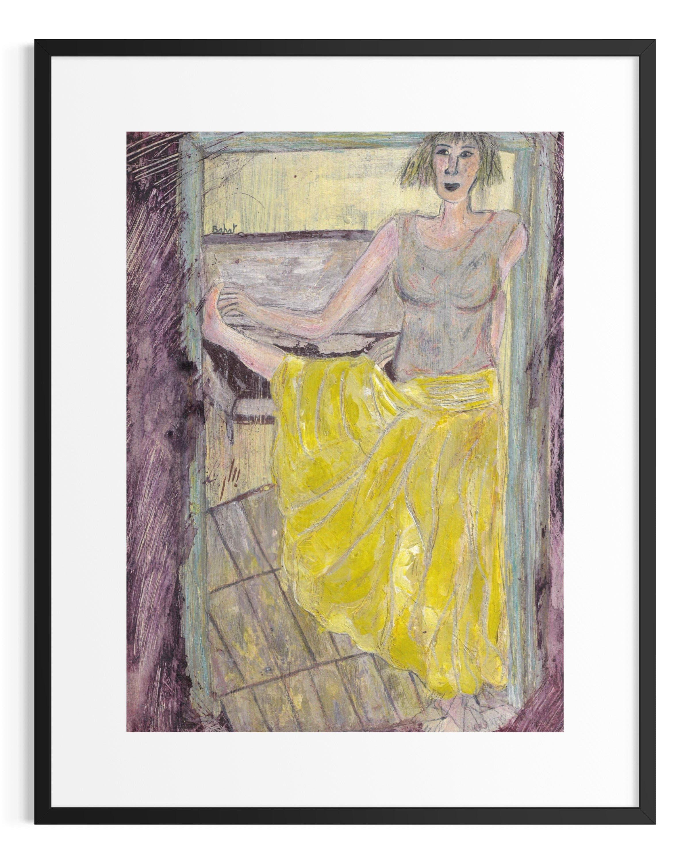 Framed artwork of a woman in a yellow dress standing in a doorway.