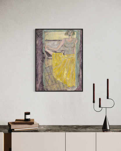 Framed artwork of a woman in a yellow dress on a wall above a console table.