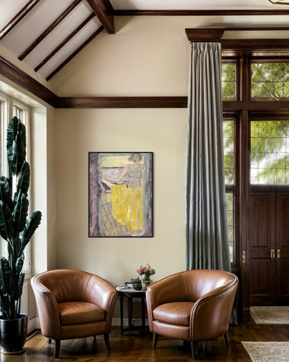 Living room with two brown leather chairs, a small table with a plant, and a colorful painting on the wall.