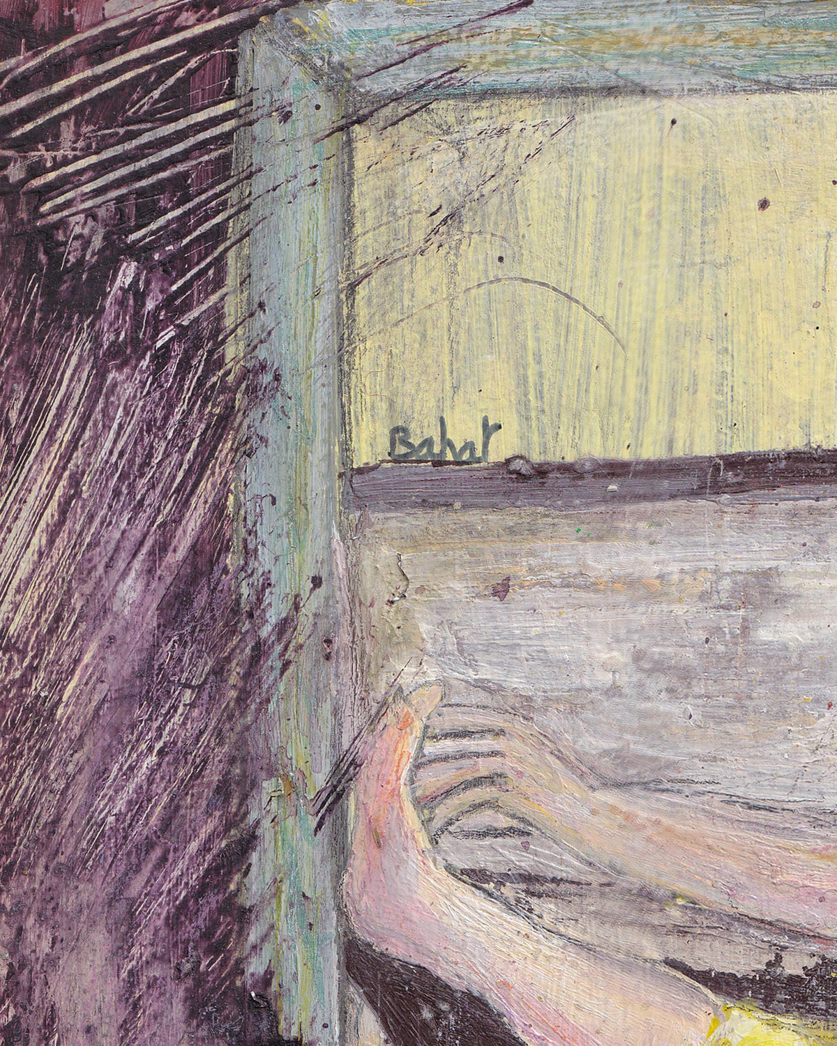 Artistic depiction of a person's hand holding a small object, with a signature in the corner.