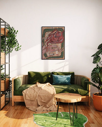 Modern living room with a green sofa, wooden coffee table, and decorative rug.