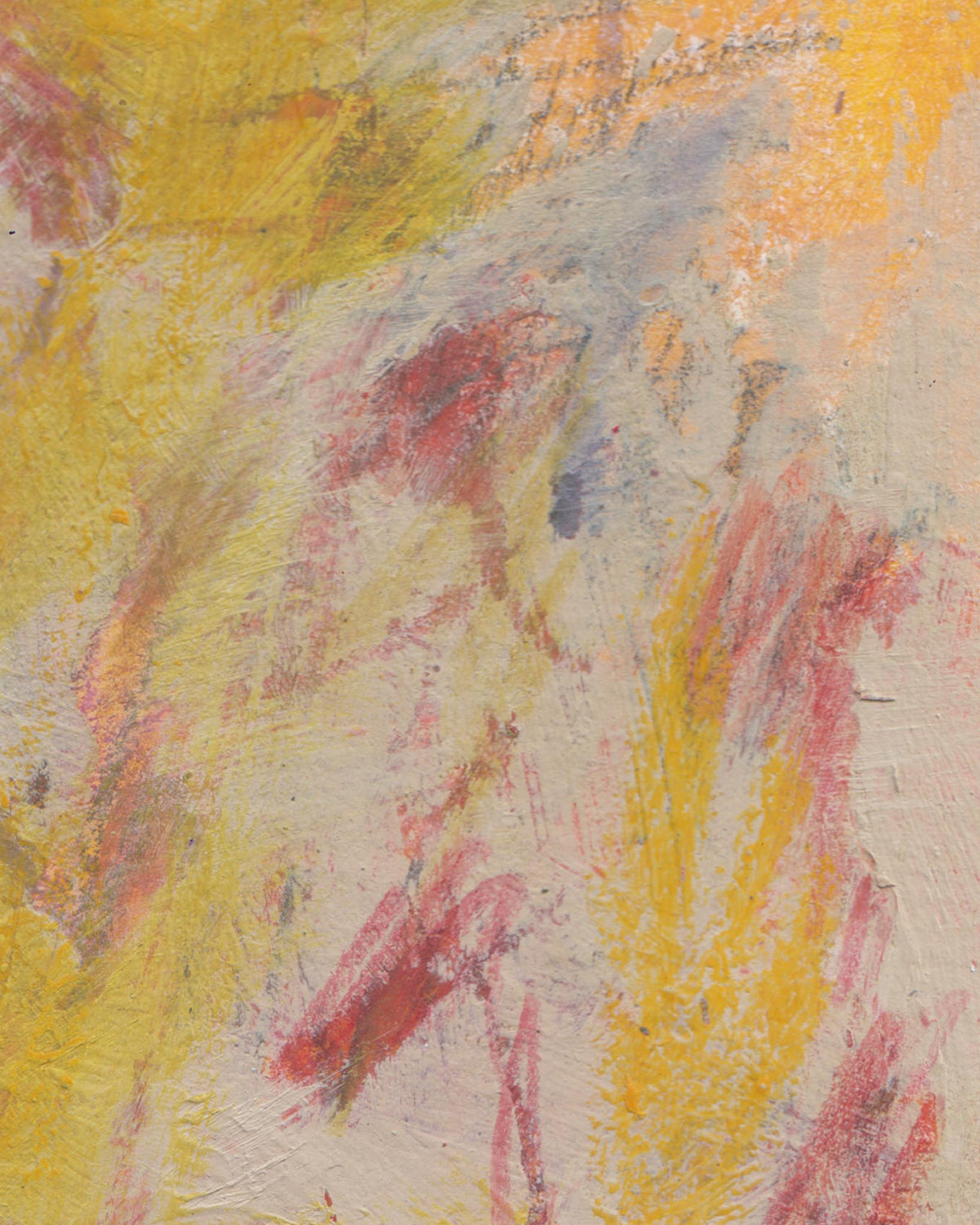 Abstract art with red, yellow, and gray brush strokes on textured paper