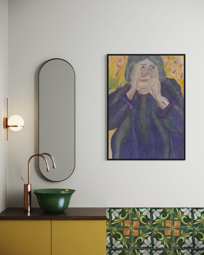 Bathroom interior with a mirror, sink, and wall art on a light gray wall.