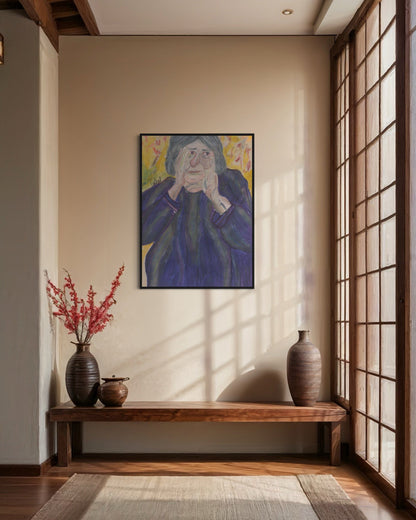 Room interior with a painting, vases, and a bench.