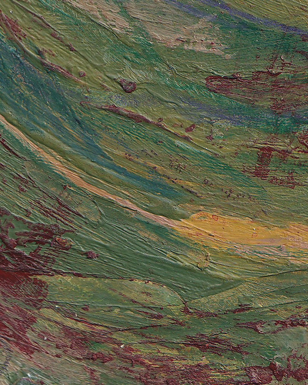 Close-up of an abstract painting with green, brown, and red hues.