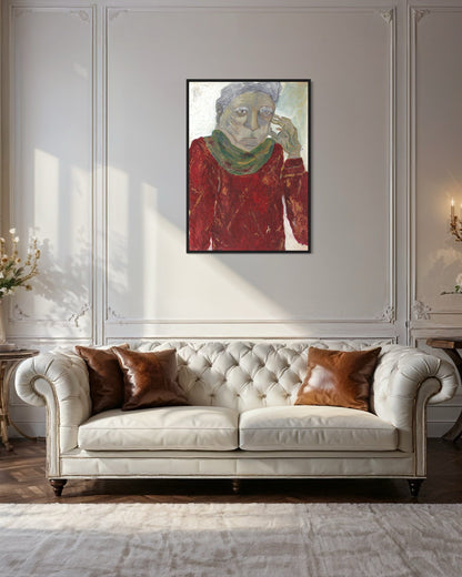 White tufted sofa with brown cushions in a room with a framed painting on the wall.