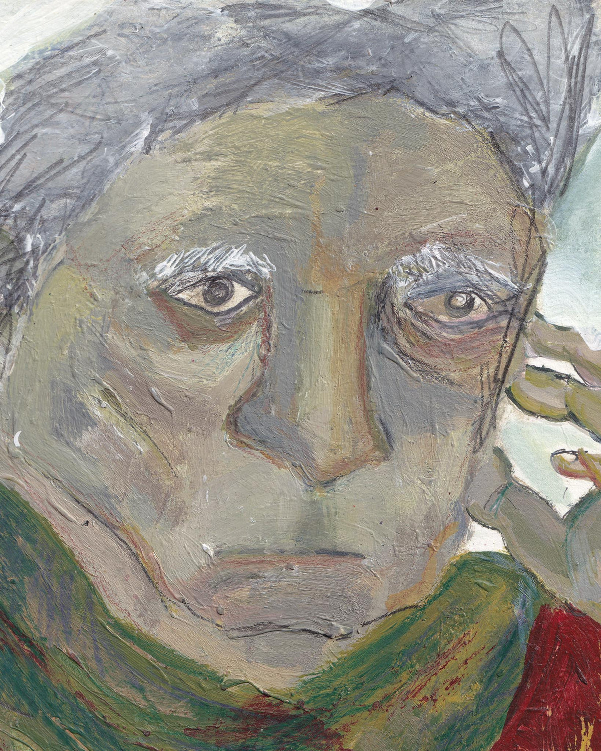Artistic depiction of a face with textured brushstrokes in gray, green, and red.
