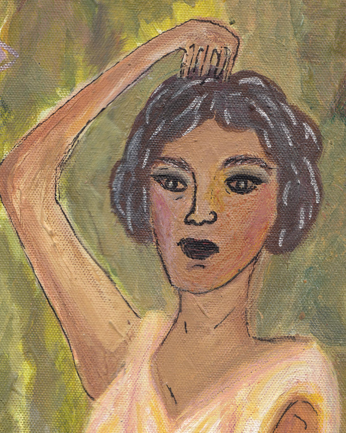 Artistic depiction of a woman with a brush in her hair against a green background