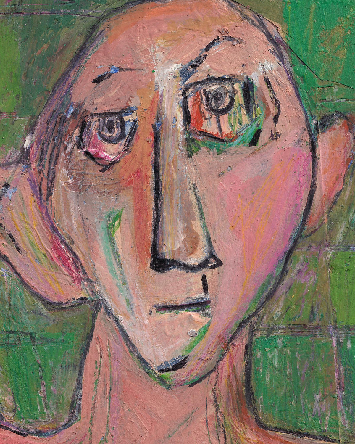 Abstract painting of a face with a green background