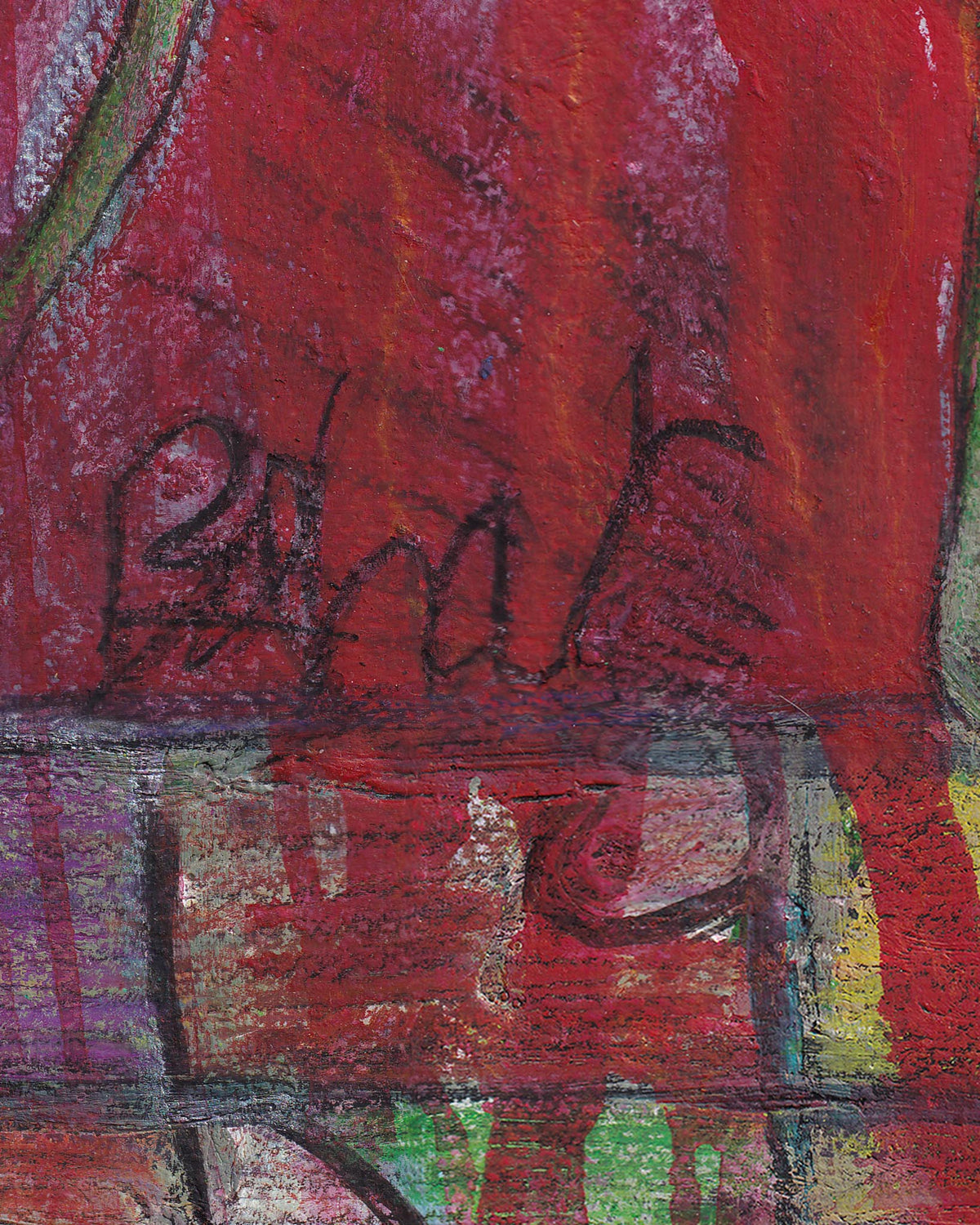Close-up of a signature on a colorful abstract painting