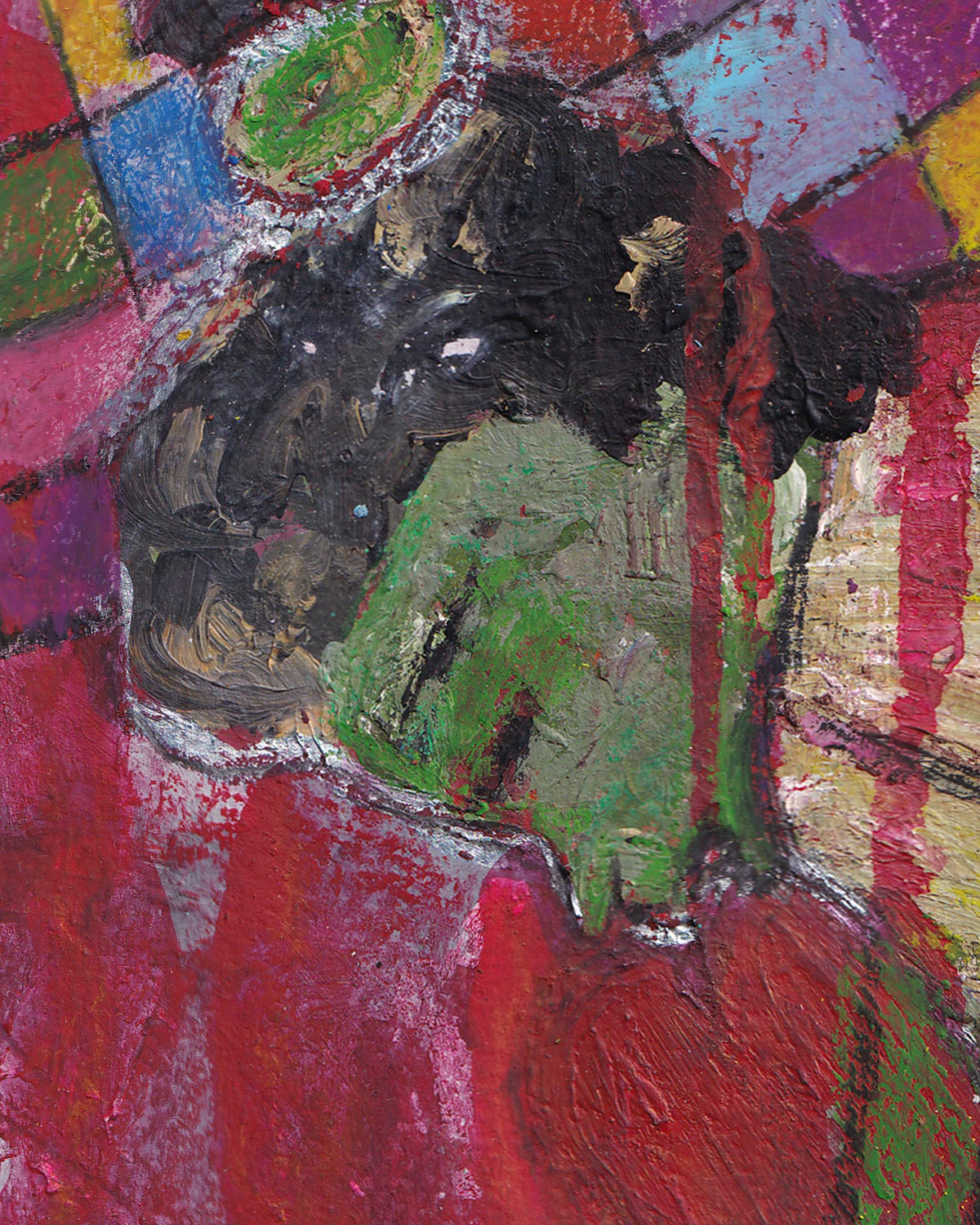 Abstract painting with a central figure in green and black against a multicolored background