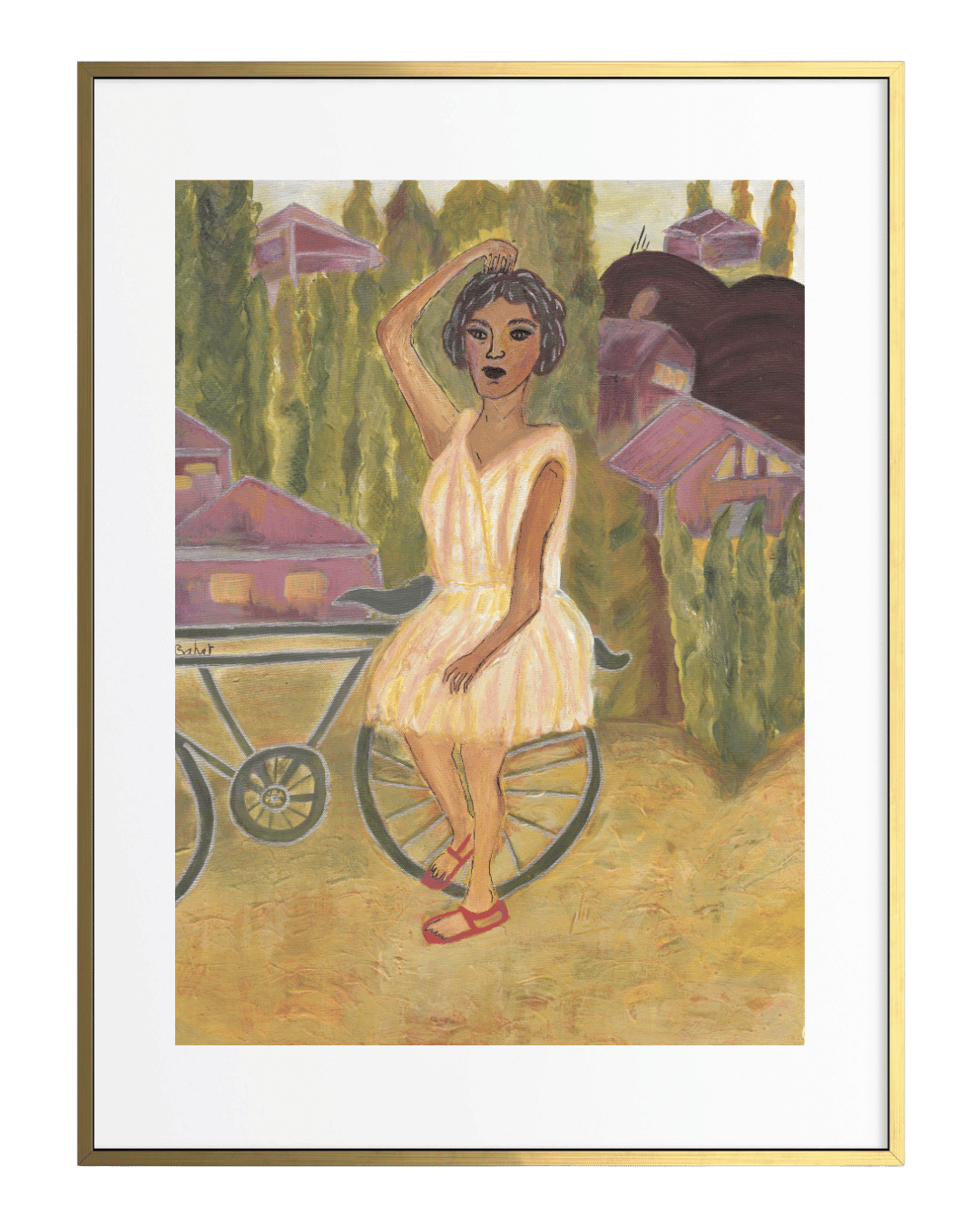 Framed artwork of a woman in a yellow dress standing next to a bicycle with a green background.