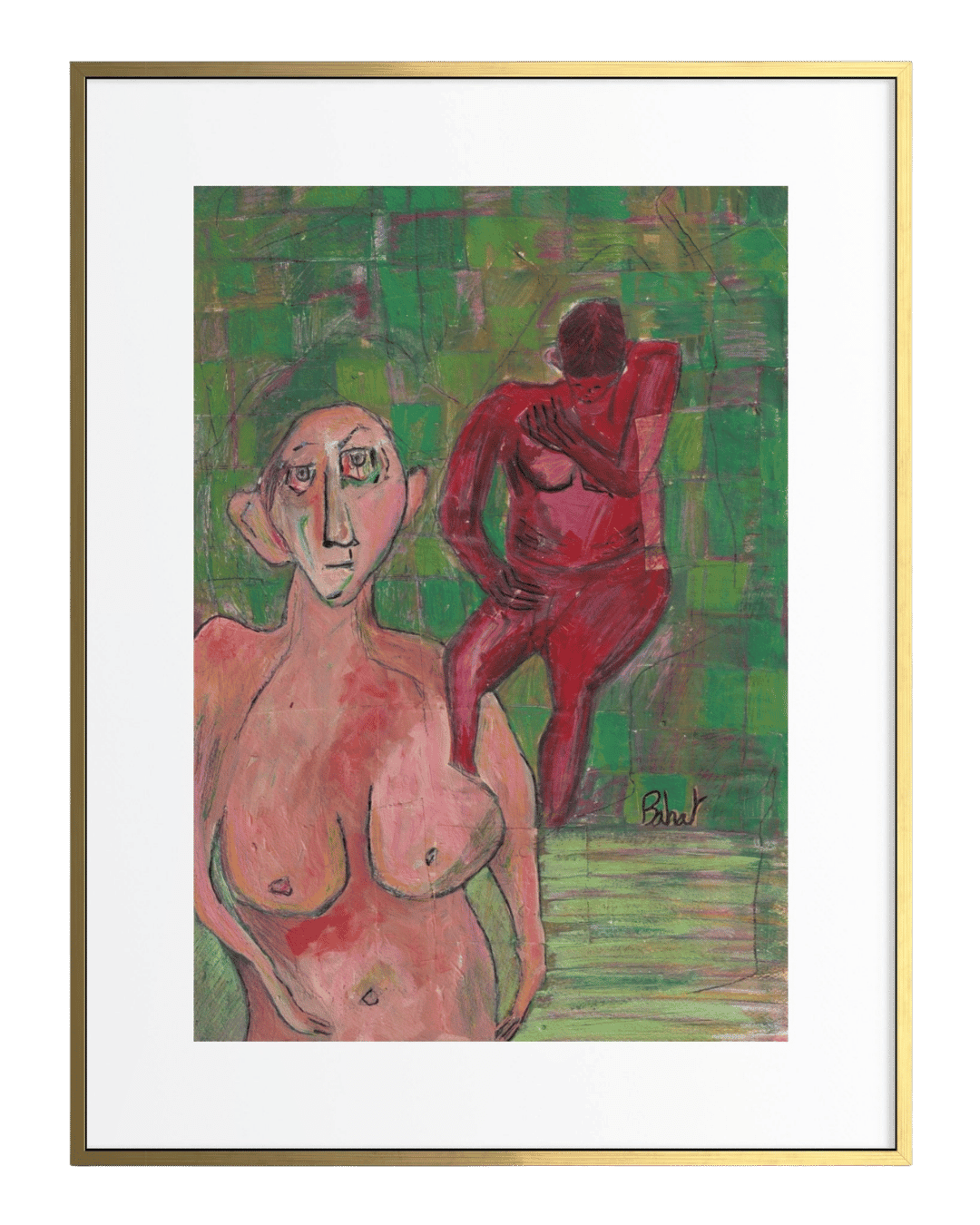 Abstract painting of two figures in a green frame