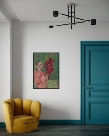 Modern interior with a yellow armchair, teal door, and abstract painting on a white wall.
