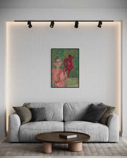 Living room with a gray sofa, wooden coffee table, and colorful abstract painting on the wall.