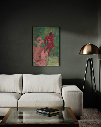 Modern living room with a painting of two figures on a dark wall, a beige sofa, and a floor lamp.