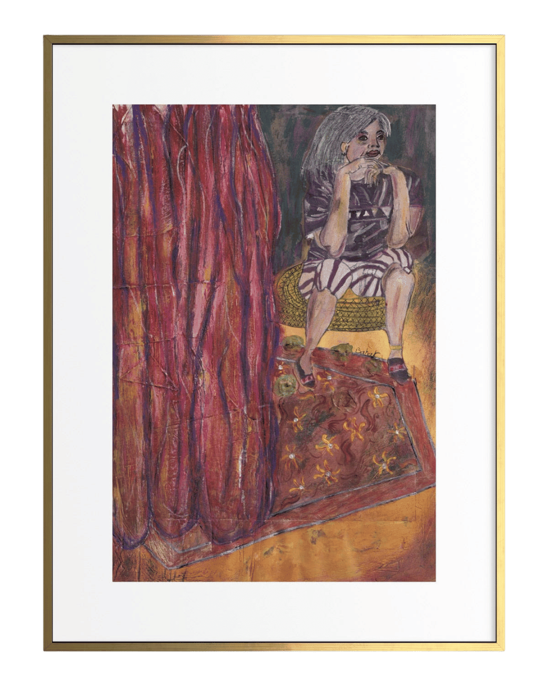 Framed artwork of a person sitting on a rug with a red curtain in the background